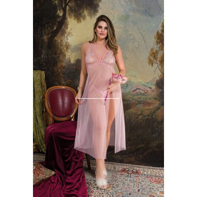 Bella Notte Açık Pembe Yırtmaçlı Uzun Tül Gecelik 6605