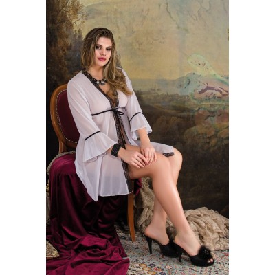 Bella Notte Beyaz Tül Gecelik Sabahlık Dantel Şeritli Set 9616