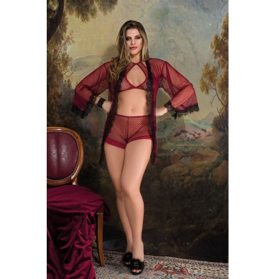 Bella Notte Bordo Seksi Sütyen Külot Sabahlık Takım 9646