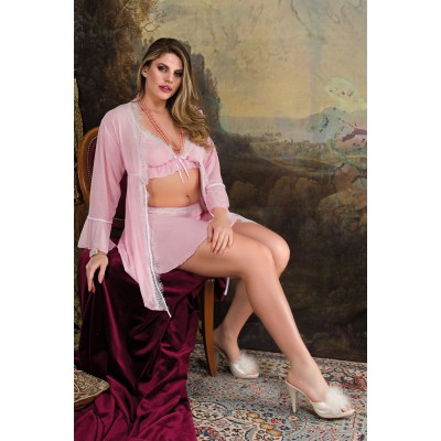 Bella Notte Açık Pembe Sütyen Etek Tül Sabahlık Takım 9649
